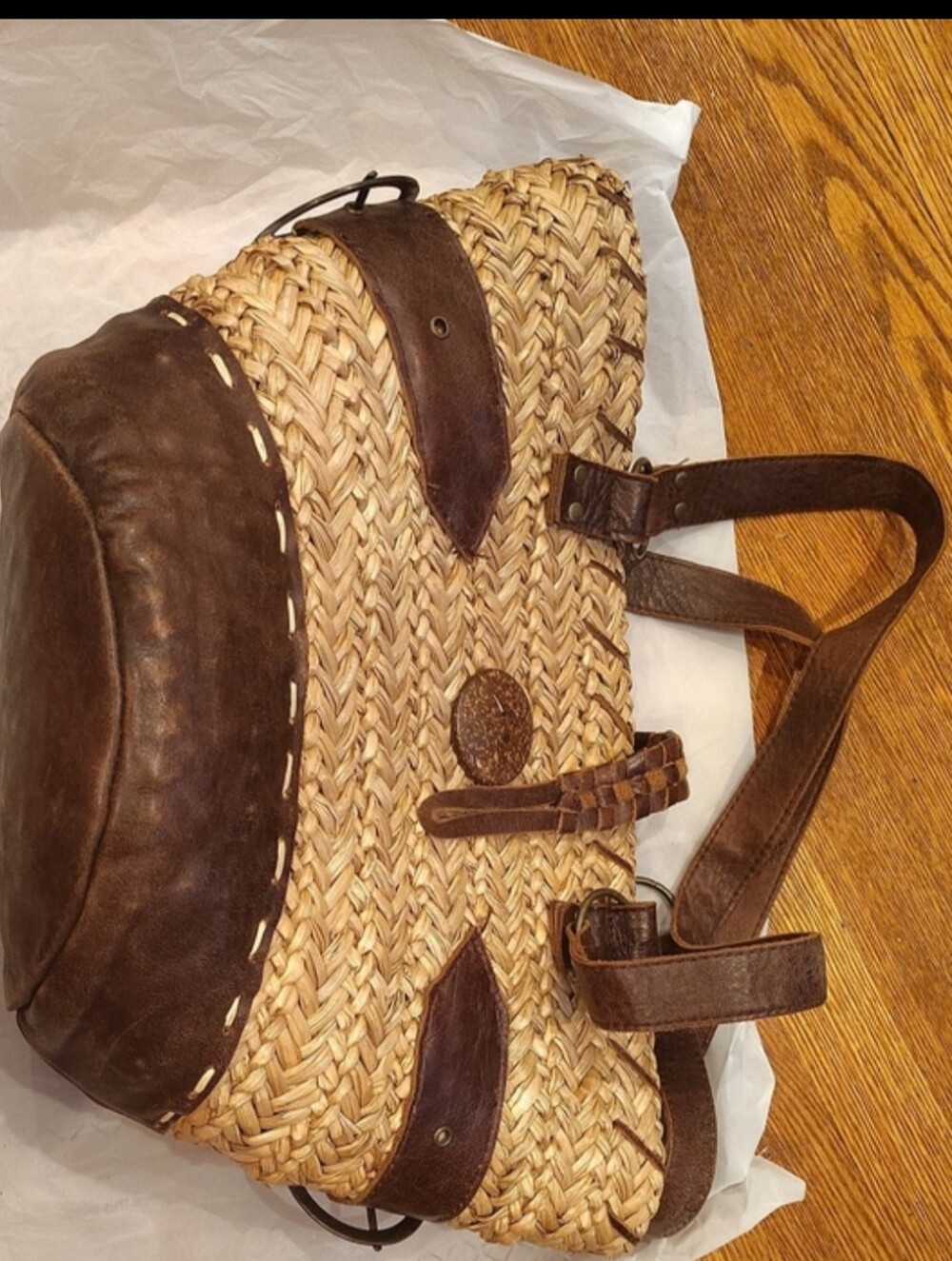 Bella Luna Boho Straw Basket Handbag Brown Leather Accent Vintage - Picture 3 of 16